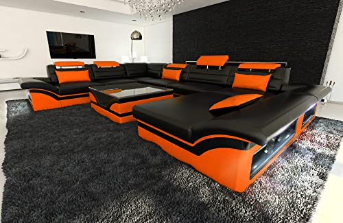 Wohnlandschaft Enzo XXL Sofa U Form Leder - mit LED Beleuchtung, verstellbare Kopfstützen, Recamiere/Lederfarben wählbar/Ausrichtung Ottomane wählbar (Ottomane rechts, Schwarz-Orange)