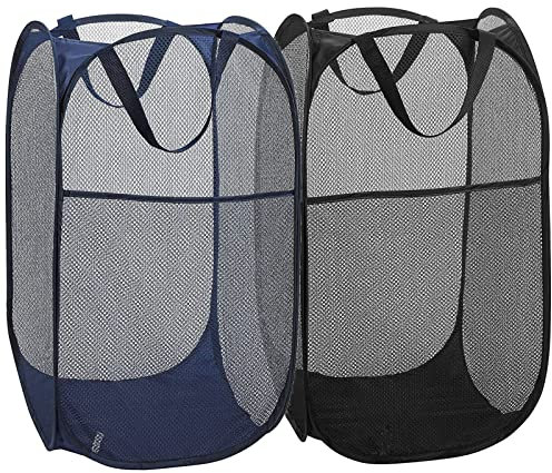 2er-Pack faltbarer Netz-Wäschekorb, Netz-Pop-Up-Wäschekorb, langlebige Griffe, faltbarer Wäschekorb für Reisen, Studentenwohnheime und mehr (schwarz blau)