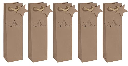 Sigel GT039/5 Flaschen-Geschenktüten aus Kraftpapier, 5er Set, 35 x 10 cm, braun, Christmas tree, Papier-Geschenktaschen Weihnachten