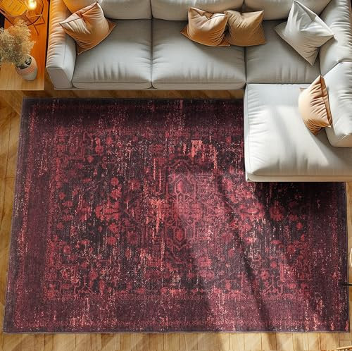 SIMPEX Kurzflor Teppich Wohnzimmer Schlafzimmer Läufer Flur Waschbarer Teppich Weich Vintage Stil, Wohnzimmerteppich, Farbe: Rot, Größe: 80 x 150 cm