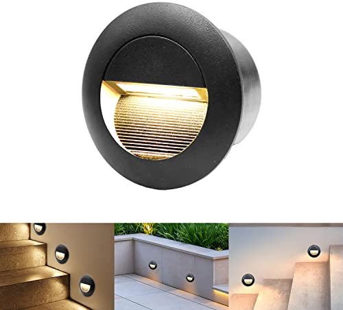 FWoche Luci Esterne Tonde, Applique da Parete 3W 3000K da Incasso Con Scatola 65mm, per Interno Esterno Scale Giardino Viale Gradini, IP65 in Alluminio, Nero