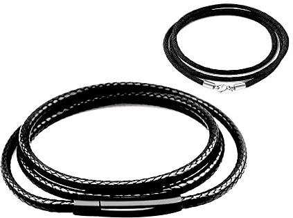 Findout 3mm black Waterproof Braided Leather Necklace For Men, Black Stainless Steel Buckle Clasp Hyponic Wax Rope leather Chain Necklace For Women Girl Boy, Free Steel Silk Chain 14-36inch (16)