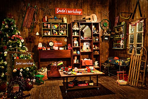 Christmas Santa's Workshop Photography Backdrop Vintage Rustic Wood House Cottage Gift Xmas Tree Decoration Background Kids Indoor Portrait Photo Studio Photobooth Props 9X6FT CEM251C