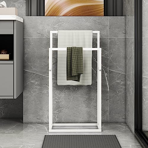 VERFARM Porte-serviettes autoportant avec 2 barres de serviette, porte-serviettes, porte-serviettes de bain, accessoires de salle de bain, blanc