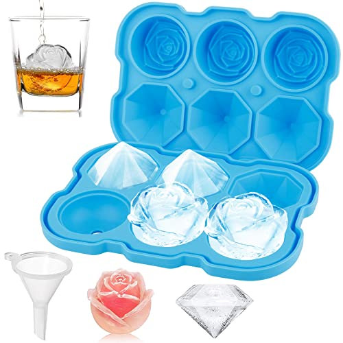 Mikiwon 2 Inch Rose Ice Cube Trays With Covers, 3 Cavity Silicone Rose & Diamond Ice Tray, Easy Release Large Ice Cube Form for Chilled Cocktails, Whiskey Juice (Blue)