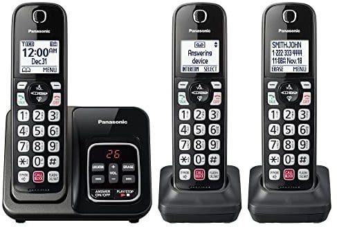 Panasonic Cordless Phone with Answering Machine, Advanced Call Block, Bilingual Caller ID and High-Contrast Display, Expandable System with 3 Handset Cordless Telephones - KX-TGD833M (Metallic Black)