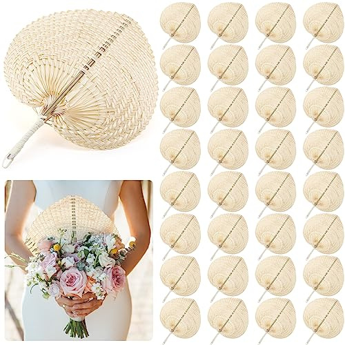 BBTO 32 Pieces Woven Bamboo Fans Handmade Hand Weaving Handheld Natural Raffia Hand Fans Bulk for Indoor Outdoor Summer Cooling Supplies Farmhouse Wall Decor Wedding Party Favors