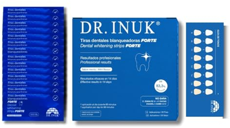Tiras blanqueadoras de dientes PROFESIONALES FORTE - 28 tiras sin peróxido o ácidos para 14 sesiones de blanqueamiento dental - Fabricado en España - Fórmula eficaz 83.3% PAP - Incluye guía de tonos