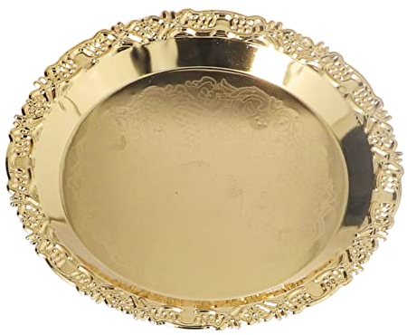 Gold Round Storage Trays, Hollow Border Serving Tray Gold Mirror Decorative Tray Stainless Steel Cosmetics Jewelry Plate for Home Makeup Perfume,19.5cm/7.7in