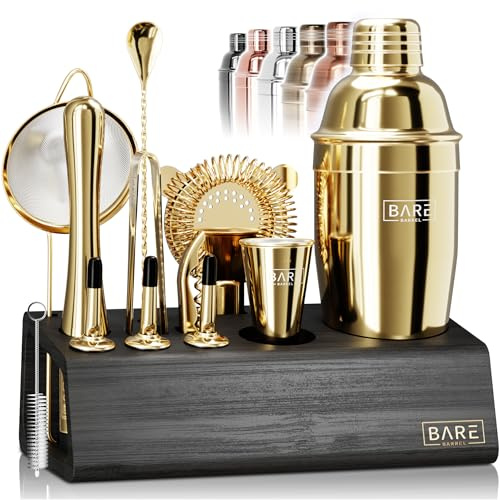 BARE BARREL® Mixology Barkeeper Kit Bar Set | 14-teiliges Cocktail-Shaker-Set | Pro Barware Mixwerkzeuge für Zuhause | inkl. 35 Rezeptkarten | Geschenkset (680.4 g Martini, Gold)