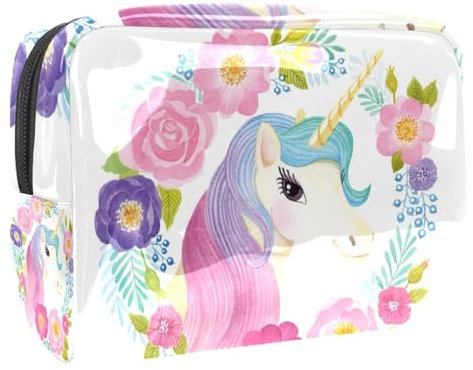 Trousse à maquillage licorne en guirlande de fleurs pour femme, trousse de toilette de voyage, grande pochette de maquillage en PVC pratique avec fermeture éclair, multicolore,