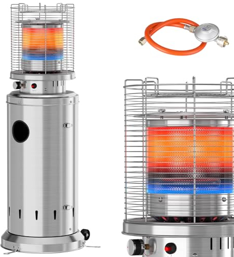 Chauffage de terrasse, Chauffage à gaz 6,5 kW, Radiateur extérieur avec housse de protection, chauffage gaz, avec allumage piézoélectrique, chauffage d'appoint gaz avec roulettes, Acier inoxydable