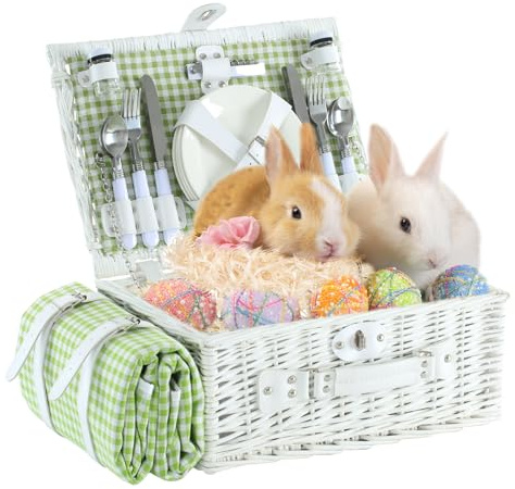 YPshuye Picknickkorb-Set für 4 Personen mit wasserdichter Decke Matte Isoliertasche Weide weiß grün kariert klassisch frisch Geschenk für Weihnachten Thanksgiving Hochzeit Geburtstag Camp Outdoor