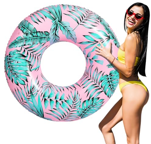 MoKo Schwimmringe Erwachsene, Aufblasbar Schwimmreifen Wasserspielring, Groß 107 cm Schwimmring Luftmatratze Pool Spielzeug Wasserspielzeug für Strand Schwimmbad Draußen Sommer, Rosa & Grünes Blatt