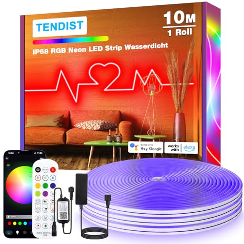 TENDIST 10M RGB IP68 Neon LED Streifen Aussenbereich, WiFi Wasserdicht DIY Flexible Neon LED Strip Alexa Kompatibel, 24V Music Sync Silikon Neon Lampe für Patio, Party, Schlafzimmer