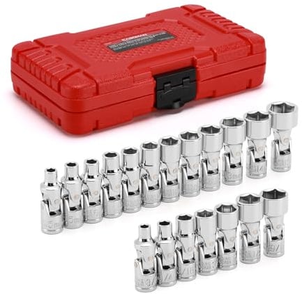 CASOMAN 19PCS 1/4 Drive Universal Joint Socket Set, Metric(5mm to 15mm) & SAE(3/16 to 9/16), Flexible Wobble Sockets for Easier Access to Tight Spaces, 6-Point, Cr-V