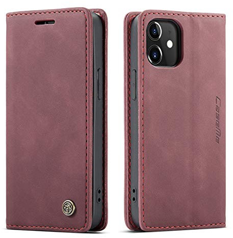 Phernykas Handyhülle für iPhone 12 mini Hülle, Premium Leder Klapphülle Flip Case mit Standfunktion und Kartenfach Handytasche Hülle für iPhone 12 mini Wallet Case Stoßfeste Schutzhülle, Weinrot