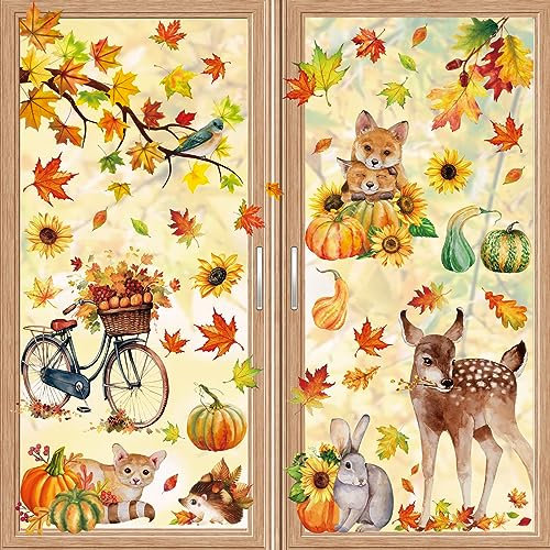 YIHELU 68 Stück Fensterbilder Herbst selbstklebend, Wiederverwendbare Fensterdeko Fenster für Thanksgiving ohne Kleber - Deko mit Ahornblättern, Kürbissen und Tieren
