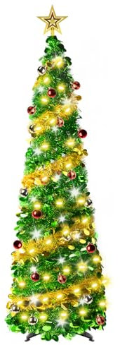 Suewidfay 5Ft/150cm Pop Up Artificial Christmas Tree with Lights and Star, Collapsible Tinsel Tree with Shiny Sequins for Christmas Decoration, Home Office Party Decor, Indoor Outdoor Display