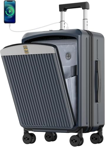 MGOB Koffer Handgepäck Trolleys Hartschalen Polycarbonat Reisekoffer mit Vordertasche Hartschalen Leicht mit TSA USB und Externer Teleskopgriff (Dunkelgrau)