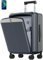 MGOB Koffer Handgepäck Trolleys Hartschalen Polycarbonat Reisekoffer mit Vordertasche Hartschalen Leicht mit TSA USB und Externer Teleskopgriff (Dunkelgrau)