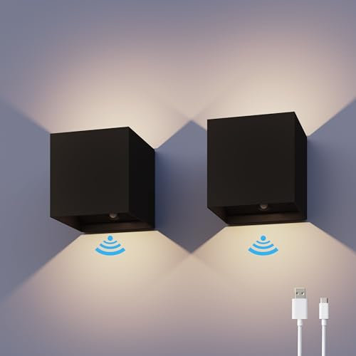 CALEX Volterra Wandleuchte, für Außen & Innen, warmweißes Up & Down Licht, Akku aufladbar mit USB-C, kabellos, Bewegungsmelder, wasserdicht, Schwarz, 2er Pack