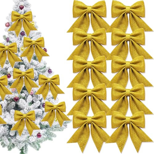 Ehuixinsheng 10pcs Gold Bows for Christmas Tree,Glitter Large Xmas Bow Decorations for Xmas Wreaths,Garland,Gift Wrapping Decor Home Christmas Party