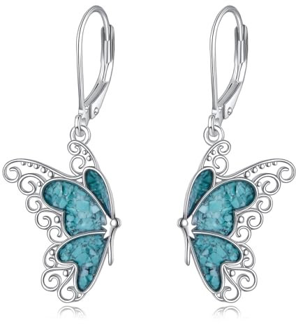 DAYLINLOVE Butterfly Earrings 925 Sterling Silver Turquoise Dangle Drop Earrings Butterfly Jewellery Gifts For Women