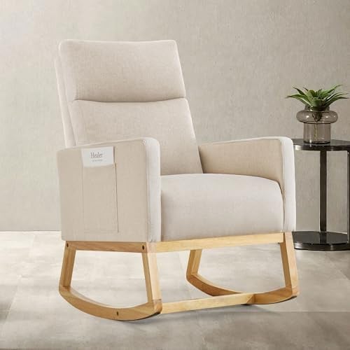 Aunekiv Schaukelstuhl Stillsessel Schaukelsessel, Gepolsterter Stillstuhl mit Holzbeinen & Seitentaschen, Hochlehner Stillen Sessel für Wohnzimmer, Schlafzimmer, Babyzimmer