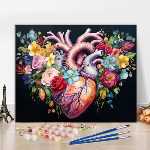 TISHIRON Peinture par numéros pour adultes - Fleur cœur humain - Peinture par numéros pour adultes à partir de 9 ans - Kit de peinture à l'huile pour adultes - 40 x 50 cm