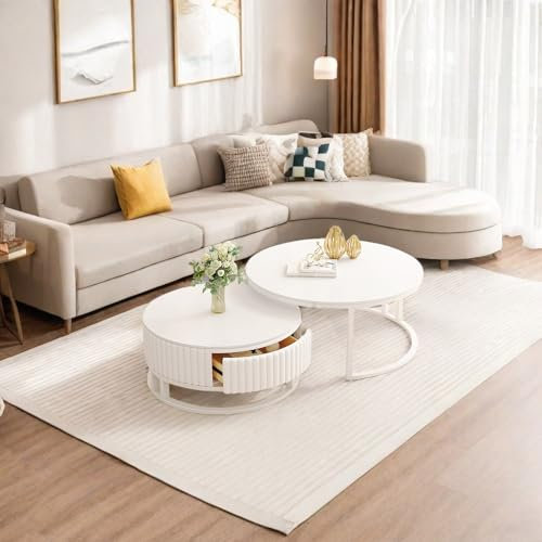 Runder Couchtisch Weiß 2er Set Couch Tisch 50+70cm Marmor Couchtisch Mit Massivholz Schublade Modern Wohnzimmertisch Weiss Beistelltisch Stabilem Metallgestell Satztische Fürs Wohnzimmer Büro