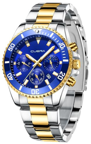 OFFCUP Reloj para Hombre, 50mm Cronografo Impermeable Relojes, Reloj Analógico de Cuarzo con Correa en Acero Inoxidable et Fecha Automática, Negocios Casual Relojes de Pulsera para Hombres (Oro)