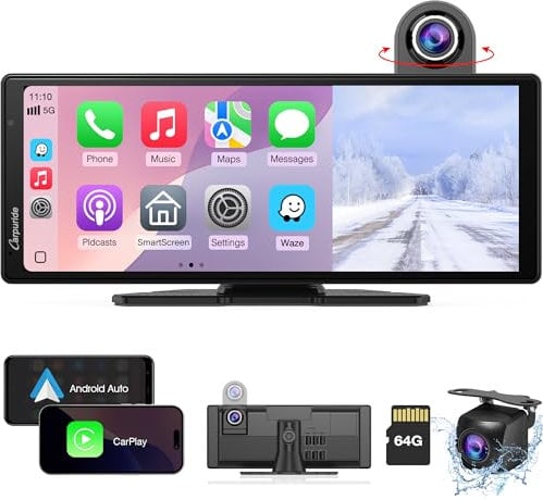 CARPURIDE Kabelloses Carplay & Android Auto mit Dashcam – 10.26-Zoll-HD-IPS-Touchscreen fürs Auto, 4K-Front- und 1080P-Rückkamera, Loop-Aufnahme, Bluetooth-Audio, Mirror Link, GPS, Siri