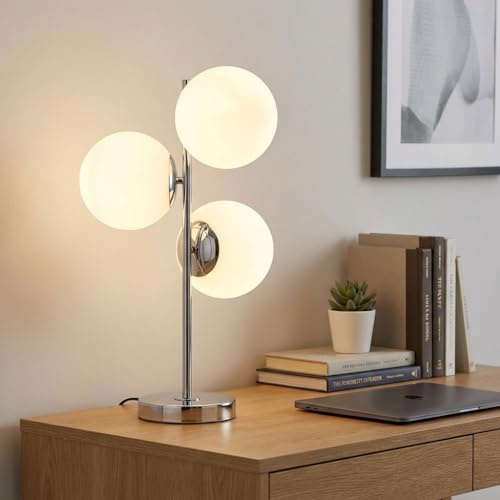 BARCELONA LED Tischleuchte ROM 3 Glaskugeln E27 Ø15 Cm Chrom | Aluminium und Opalglas, Höhe 550 mm, Breite 300 mm, Kabel 1260 mm, Schalter integriert, Innenbereich IP20