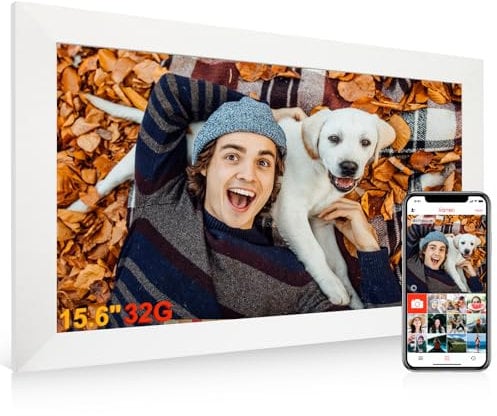 Digitaler Bilderrahmen 15,6 Zoll, 2K FHD IPS Elektronischer Fotorahmen Groß Touchscreen WLAN. 20.000 Fotos(32GB) Frameo Digital Photo Frame, Teilen von Bildern/Musik/Videos, Weiß