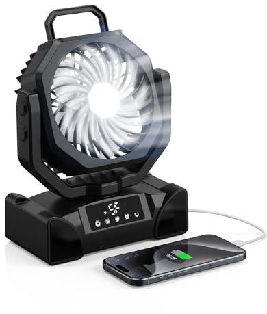 Ventilador de camping 20000mAh con luz LED, temporizador, mando a distancia y control táctil, oscilación automática, hasta 69 h de uso, ideal para tienda, oficina, playa y pesca