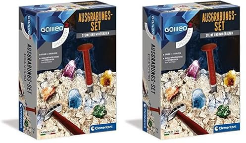 Clementoni Galileo Discovery – Ausgrabungs-Set Steine + Mineralien, Spielzeug für Kinder ab 7 Jahren, Ausgraben mit Hammer & Meißel, für kleine Forscher 69940 (Packung mit 2)
