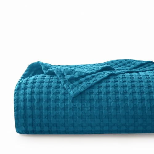 CHUFFED 100% Baumwolldecke 150 x 200 cm Tagesdecke Waffelpique Decke Weiche & Atmungsaktive Leichte Oeko-TEX® Zertifiziert-Sofa Couch Überwurf Bettüberwurf Kuschedecke Bettdecke Braun Blau
