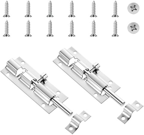 Lot de 2 verrous de porte en acier inoxydable - Verrou de porte de jardin en bois - Verrou coulissant - Verrou de sécurité pour porte de jardin, clôture, entrepôt, fenêtre, chambre à coucher - Environ