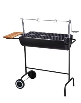 Barbecue in ferro e acciaio con due ruote e ripiano in legno