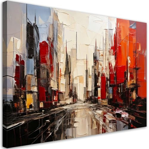 Feeby Leinwandbild - Bilder Wohnzimmer - Stadt abstrakt rot beige - 90x60 1tlg - Deko Schlafzimmer - Wanddekoration - Aesthetic - Groß Moderne Bild - Foto auf Leinwand