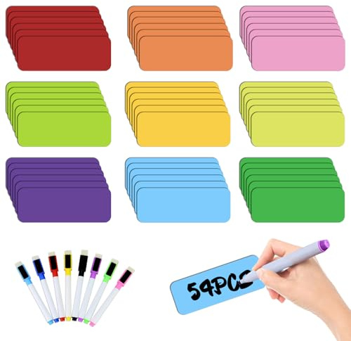 Mecmbj Magnetstreifen Beschreibbar, mit 8 Löschbaren Stiften (9 Farben) | 54 Stück Magnetschilder zum Beschriften,8x3cm,Abwischbare Magnete zum Beschriften für Whiteboards,Kühlschränke,Magnettafeln