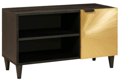 vidaXL TV Cabinet Black and Gold 80 x 33 x 46 cm Solid mango wood, Stylish Modern Media Console, Rectangular Mango Wood Cabinet, Durable Ample Storage, Black And Gold Living Room Furniture