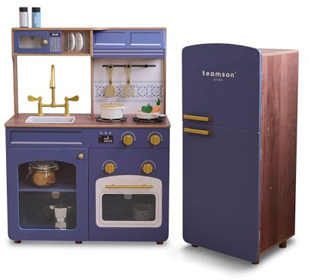 Teamson Kids Little Chef Normandy Wooden Play Kitchen, Soft Blue Modular Set with Separate Fridge, Sink, Click Knobs, Storage & 14 Accessories Included | Modular Set with Separate Fridge, Sink, Click Knobs, Storage, 14 Accessories Included
