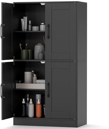 KOMFOTTEU Hoher Küchenschrank mit Türen und verstellbaren Regalen, Buffetschrank mit Kippschutz, Hochschrank für Wohnzimmer, Eingang, 60 x 30 x 110 cm (Schwarz)