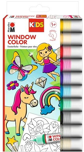 Marabu KiDS Window Color Glitzerfee Set, 10 x 25 ml, Fensterfarbe für Kinder, abziehbare Fenstermalfarben, für Glas, Bastel- & Kreativset zum Malen, 0306000000102