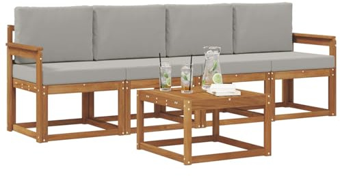 vidaXL Outdoor-Sofagarnitur mit Kissen 5 pcs Natürlich und Hellgrau, Garten-Sektionalsitz, Moderne Außenmöbel, langlebige Lounge, entspannte Terrasse für alle