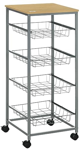 HOMCOM Carro Multiusos de Cocina Bano con Ruedas 5 Niveles Carrito de Servicio Isla de Cocina Carrito Auxiliar Verdulero Frutero 36.5x36.5x89cm Carga 20kg, Acero y MDF, Plateado