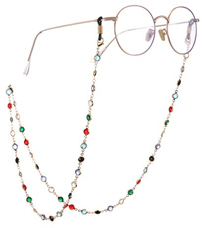 TEAMER Fashion Colorful Eyeglass Chain Sunglass Strap Eyeglass Holder Crystal Statement Beaded Reading Bohemian Glass Strap for Women Girls (Gold with Black Rubber)