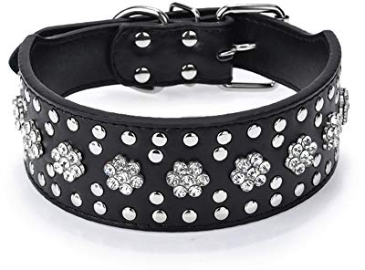 haoyueer Hundehalsband mit Strasssteinen, Blumenmuster, Leder, glitzernde Kristalldiamanten, schillernd, funkelnd, elegant, ausgefallen, PU-Leder, Hundehalsband für mittelgroße und große Hunde (L,
